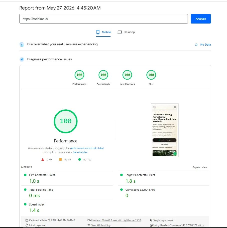 Contoh skor PageSpeed mobile 100 untuk website HS Dekor