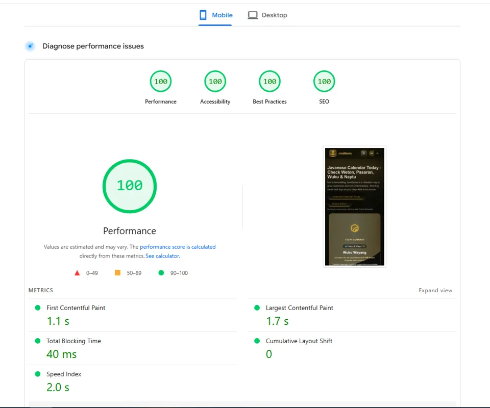 Contoh skor PageSpeed mobile 100 untuk website JavaSense