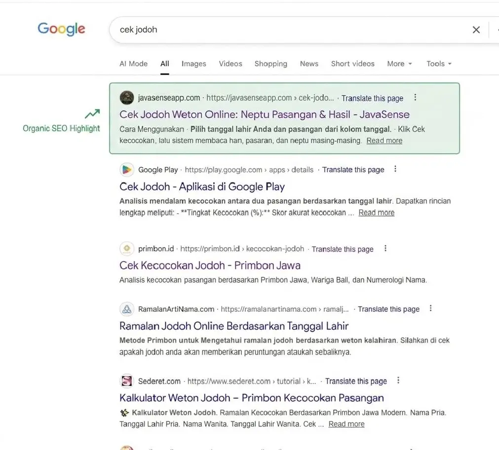 Tangkapan layar hasil pencarian cek jodoh yang menampilkan JavaSense