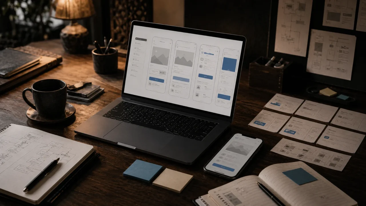 Case study aplikasi Flutter Bozwe dengan peta alur produk Android dan struktur aplikasi mobile