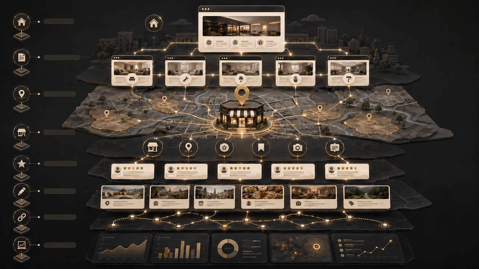 Infografis lapisan SEO lokal dari homepage hingga monitoring