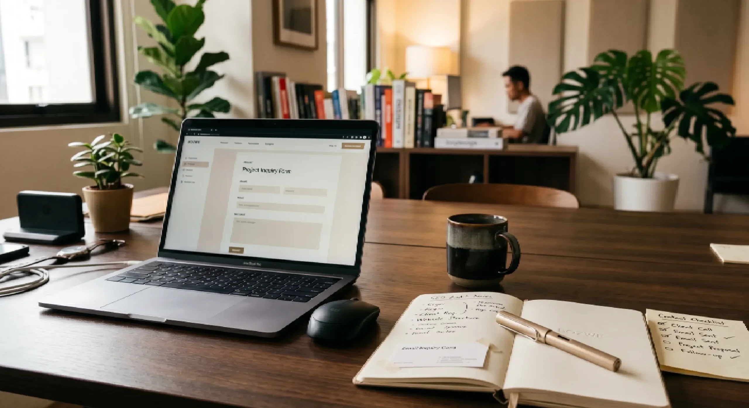 Hero image kontak Bozwe dengan workspace konsultasi project website SEO aplikasi dan digital product